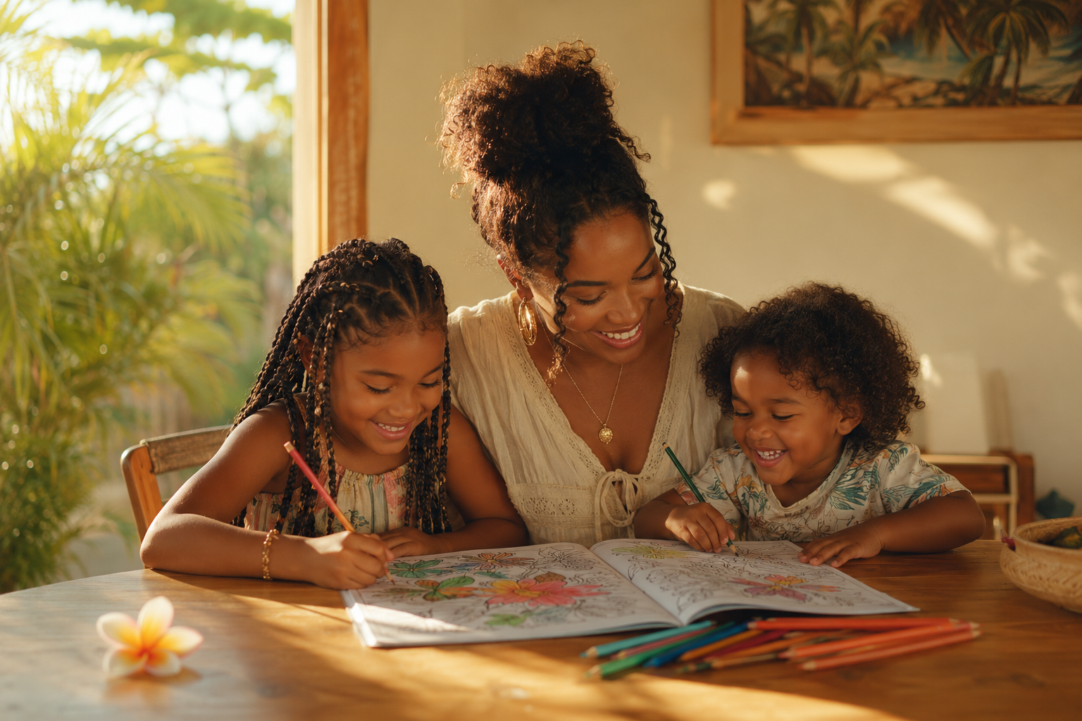 A smiling parent and two children coloring together at a sunlit table